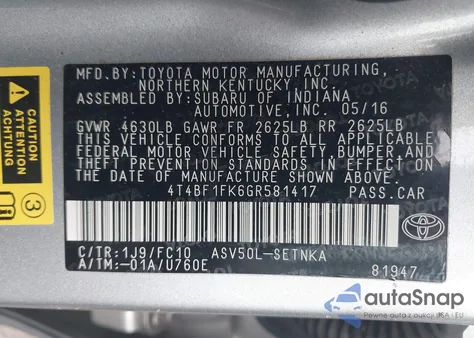 2016 Toyota Camry Le z USA, uszkodzony, nr VIN 4T4BF1FK6GR581417